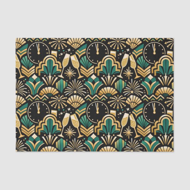 Papel De Seda Art Deco Emerald Midnight New Year Pattern (Anverso)