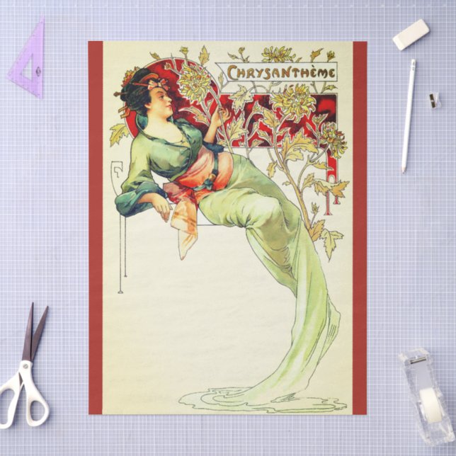 Papel De Seda Art nouveau Alphonse Mucha Crisantemo otoño  (Artesanía)