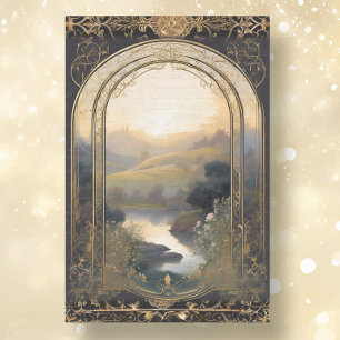 Papel De Seda Art Nouveau Castle Lake Black n Gold Ephemera 1A