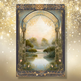 Papel De Seda Art Nouveau Castle Lake Navy Ephemera Gold 4A