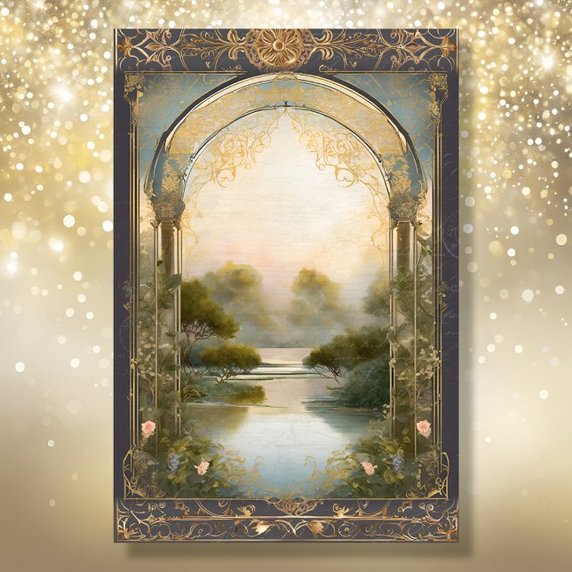 Papel De Seda Art Nouveau Castle Lake Navy Ephemera Gold 4A (Subido por el creador)