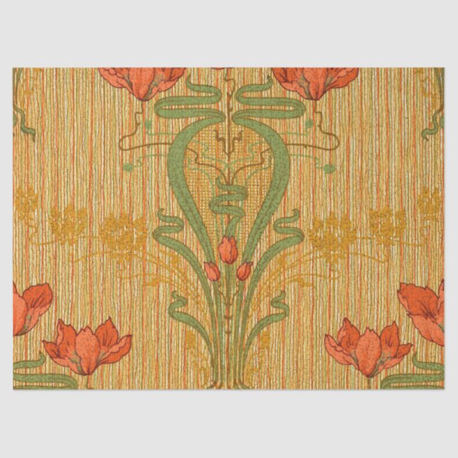 Papel De Seda Art nouveau elegant floral poppy red gold green  (Anverso)