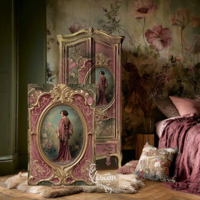 Papel De Seda Art Nouveau Flapper Rose Gown Gold Portrait (Art nouveau portrait design on pink gold French armoire dark floral bedroom wallpaper)