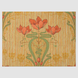 Papel De Seda Art nouveau floral amapola rojo dorado verde elega