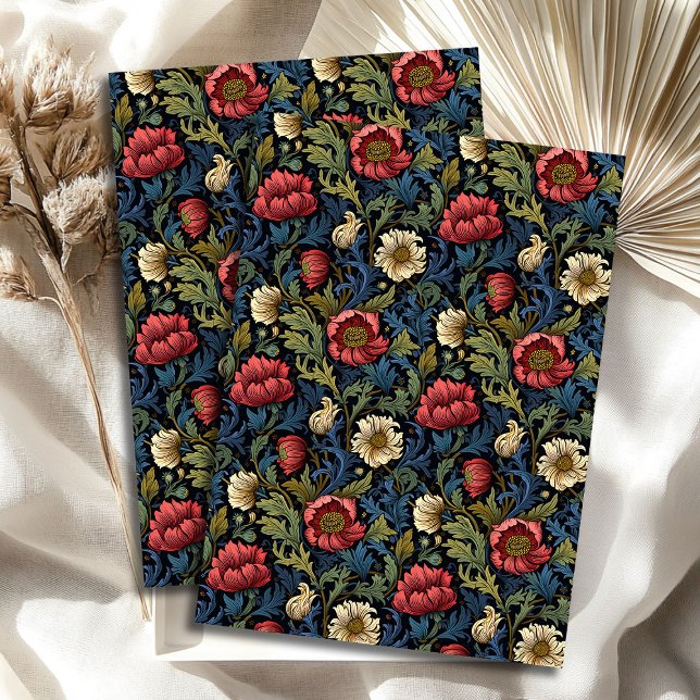 Papel De Seda Art Nouveau Morris flores blancas rojas azul paste (Art nouveau Morris red white flowers pastel blue Tissue Paper)