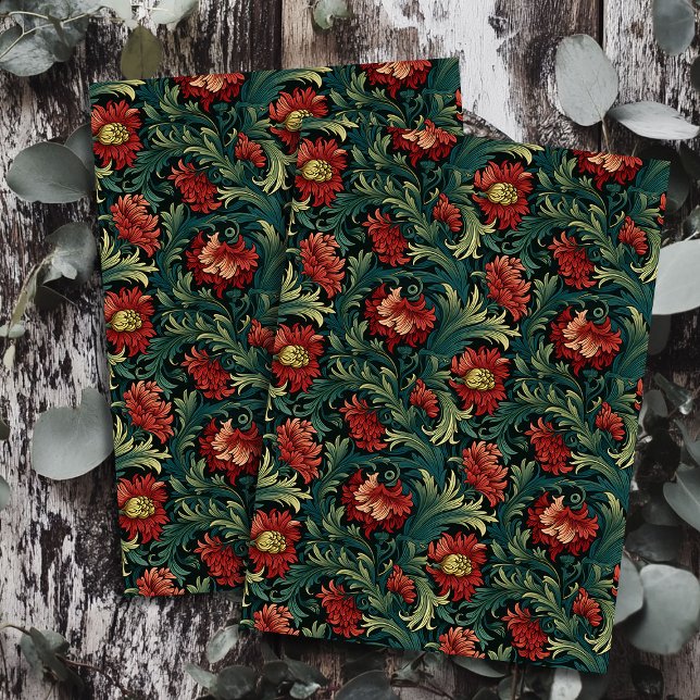 Papel De Seda Art Nouveau Morris flores rojas profundas verde pa (Art nouveau Morris deep red flowers pastel green Tissue Paper)