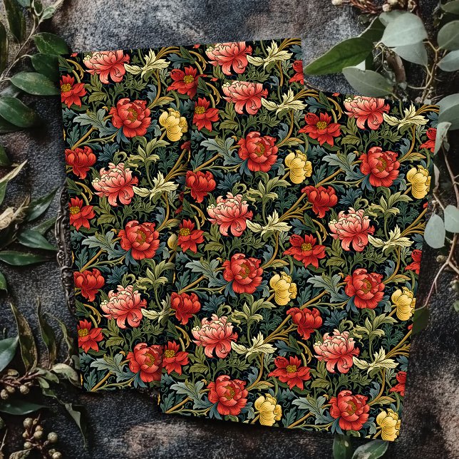 Papel De Seda Art Nouveau Morris flores rojas salvia azul (Art nouveau Morris red yellow flowers sage blue Tissue Paper)