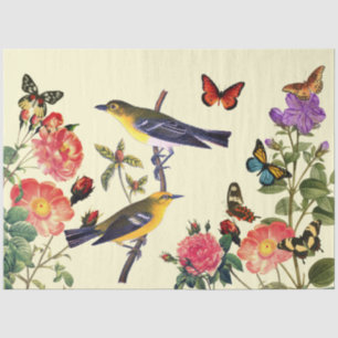 Papel De Seda Arte Antiguo Amarillo Claro. Pájaros Flores Amaril