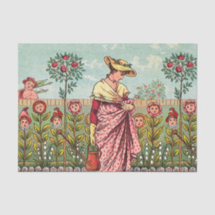 Papel De Seda Arte Antiguo Mujer Flor Creciente Jardín