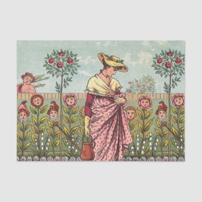 Papel De Seda Arte Antiguo Mujer Flor Creciente Jardín (Anverso)