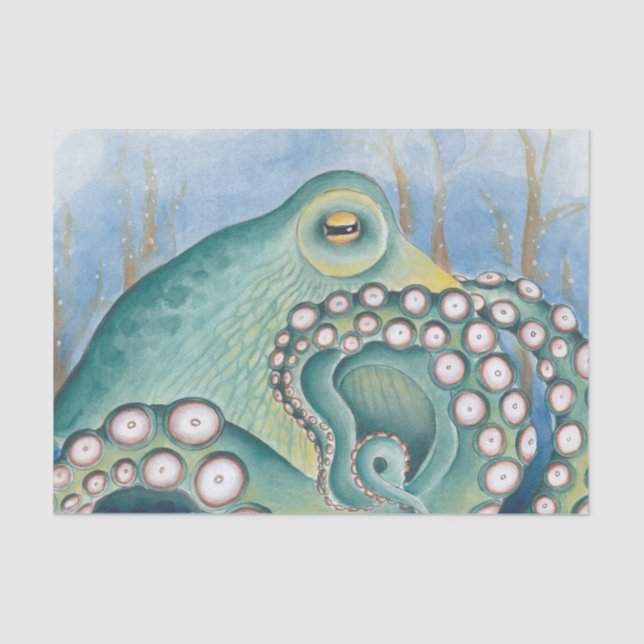 Papel De Seda Arte de acuarela de Octopus verde (Anverso)