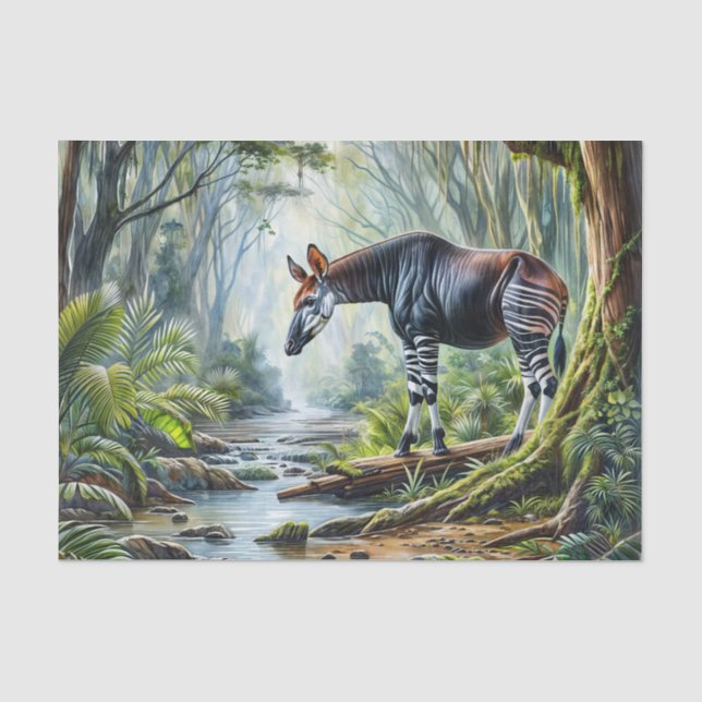 Papel De Seda Arte de Acuarela de Okapi en Selva Tropical (Anverso)