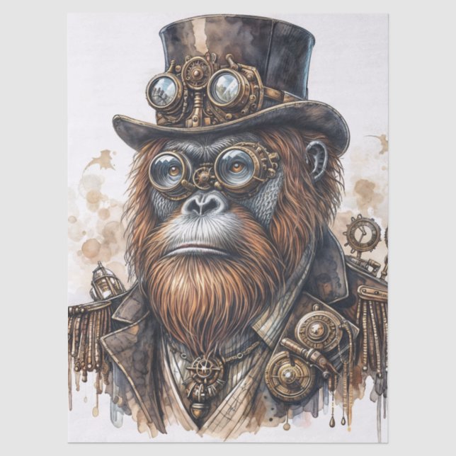 Papel De Seda Arte de Acuarela Orangután Steampunk (Anverso)