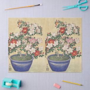 Papel De Seda Arte de Azalea Vintage Ohara Koson en Maceta Azul