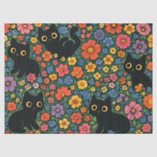 Papel De Seda Arte de jardín Kawaii – Patrón floral de gato negr