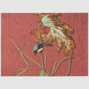 Papel De Seda Arte de Loto de Pájaro Japonés Rojo Antiguo G.A. A