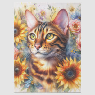 Papel De Seda Arte de retrato en acuarela de gato con flores