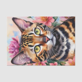 Papel De Seda Arte de retrato floral de gato bengalí