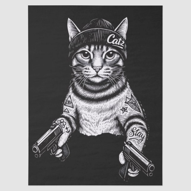 Papel De Seda Arte de tatuaje de gato gánster | Kitty de moda ca (Anverso)