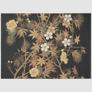 Papel De Seda Arte Floral Negro Otoño Dorado Japonés Antiguo