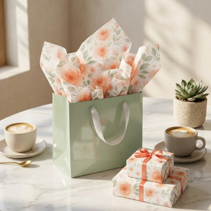Papel De Seda Arte Floral Verde Salvia Naranja Melocotón Shabby 