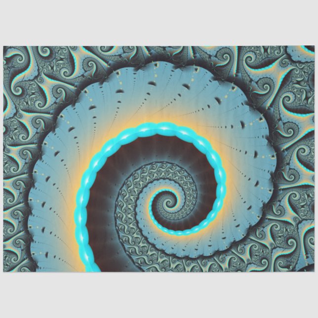 Papel De Seda Arte fractal abstracto azul turquesa naranja (Anverso)