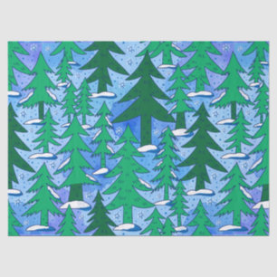 Papel De Seda Arte Naíf Bosque de Abetos Invernal Verde Azul