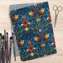 Papel De Seda Arte Popular Escandinavo Patrón Floral Azul Rojo