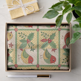 Papel De Seda Arte popular vintage de Navidad pájaros y bayas de