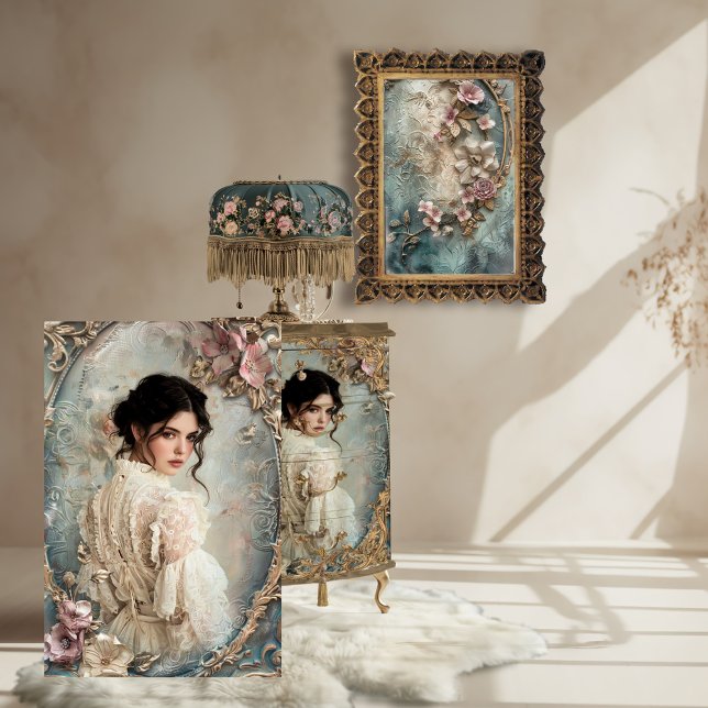 Papel De Seda Arte retrato de mujer victoriana y francesa hermos (French Victorian Romantic Portrait Art, Vintage Floral Baroque Furniture Decoupage Tissue Paper)