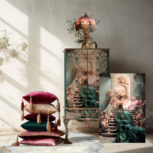 Papel De Seda Arte Retrato verde azulado y Rosa, Elegante Dama S (Teal and Pink, Elegant Woman Sitting, Vintage Clock and Floral furniture Decoupage Tissue Paper)