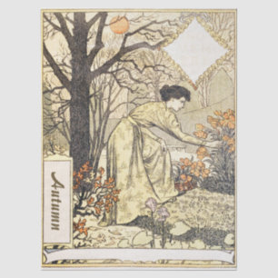 Papel De Seda Arte vintage de mujer en jardín de otoño de noviem