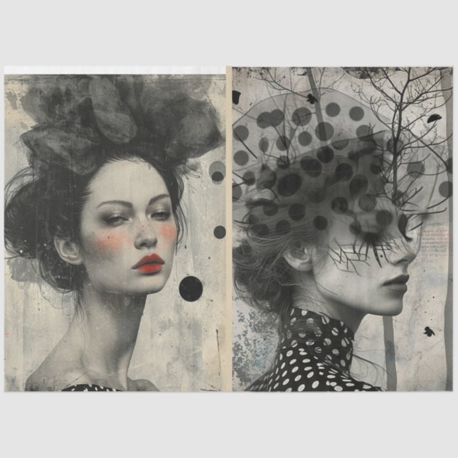 Papel De Seda Artistas medios mixtos Crema blanco negro rostros  (Anverso)