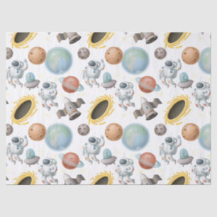 Papel De Seda Astronautas, cohetes y planetas en blanco