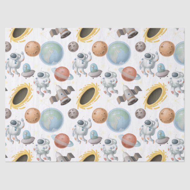 Papel De Seda Astronautas, cohetes y planetas en blanco (Anverso)