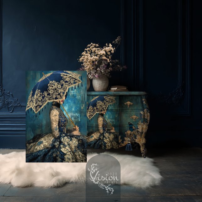Papel De Seda Atracción Azur, retrato francés y parasol azul rea (Azure Allure, French Lady, Romantic Rococo Portrait Parasol Moody Blue Decoupage Tissue Paper)