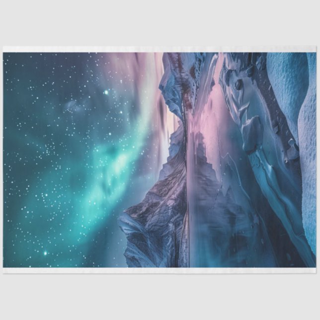 Papel De Seda Aurora Borealis sobre el paisaje montañoso nevado (Anverso)