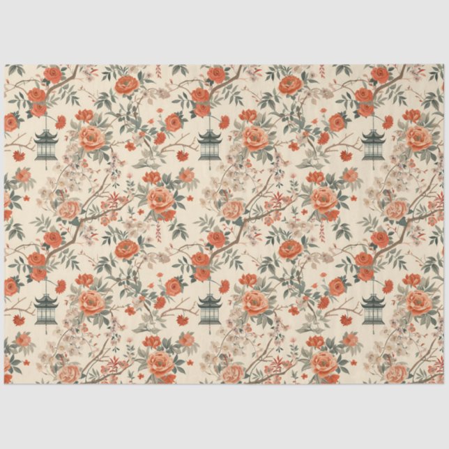 Papel De Seda Autumn Cream Orange Floral Chinoiserie (Anverso)