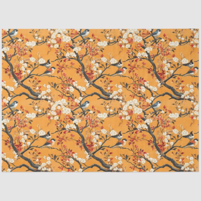 Papel De Seda Autumn Orange Floral Birds Chinoiserie (Anverso)