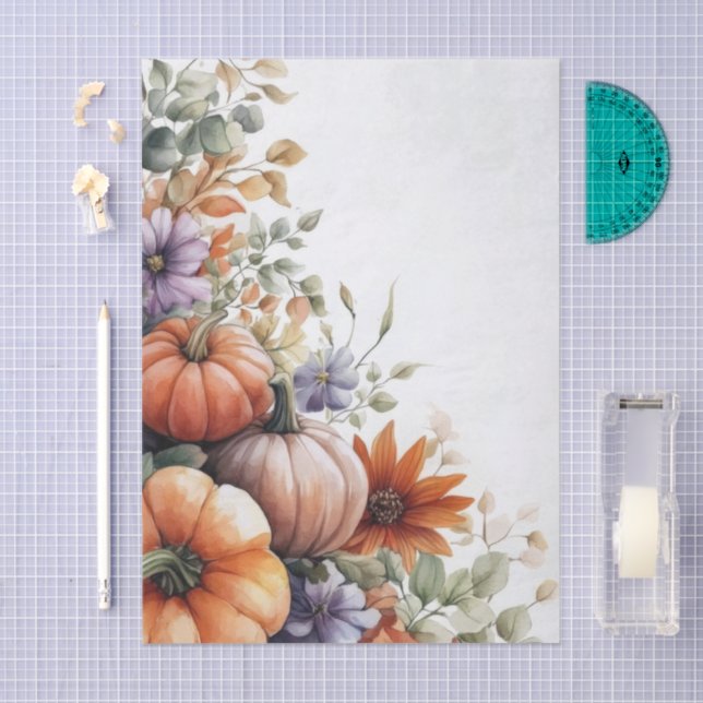Papel De Seda Autumn Pumpkins and Flowers Fall Pattern Decoupage (Artesanía)
