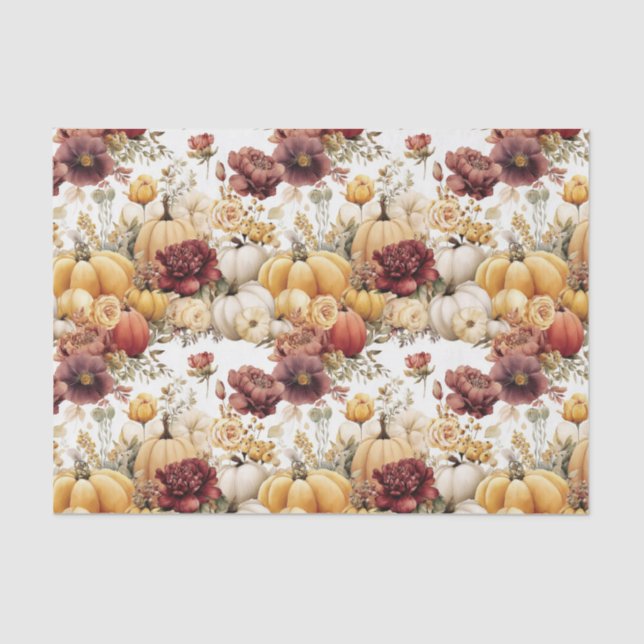 Papel De Seda Autumn Pumpkins and Flowers Fall Pattern Decoupage (Anverso)