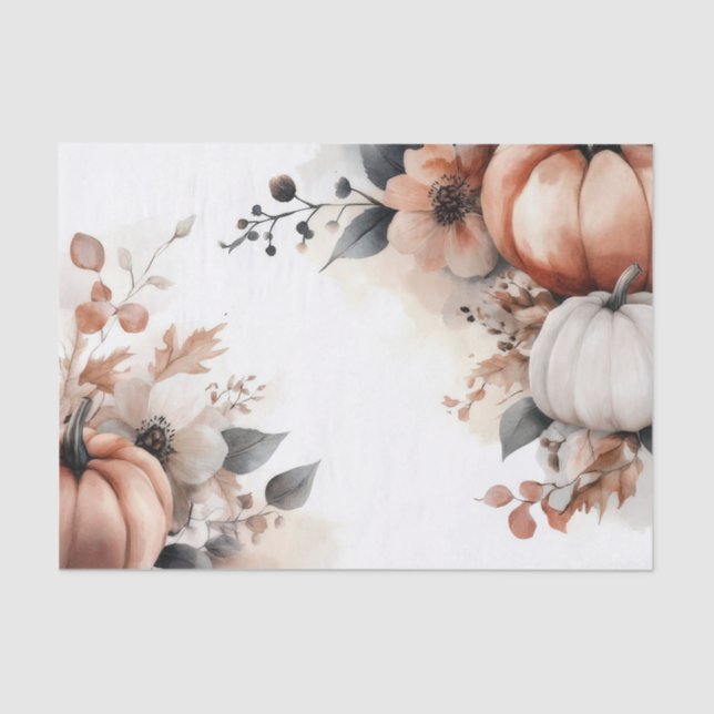 Papel De Seda Autumn Pumpkins and Flowers Fall Pattern Decoupage (Anverso)