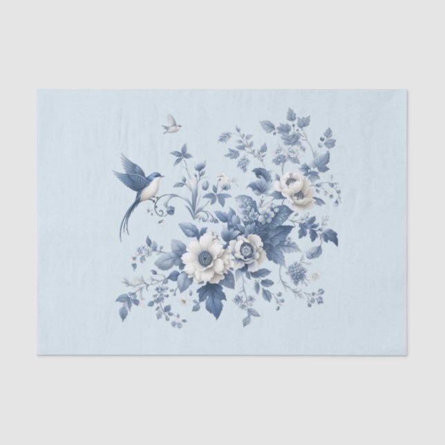 Papel De Seda Ave Chinoiserie y azul floral (Anverso)