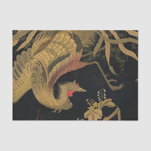 Papel De Seda Ave dorado de gallo clásico japonés antiguo (Anverso)