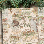 Papel De Seda Ave navideña vintage festiva y efemera floral<br><div class="desc">Collage festivo y único y sin costuras con ephemera vintage de Navidad,  incluyendo robos huecos,  hiedra y pechos rojos con bicicleta,  farolillos y adornos de Navidad en cálidos antecedentes crudos. Cada elemento gráfico proviene de una antigua tarjeta de Navidades victorianos de corte antiguo restaurada.</div>