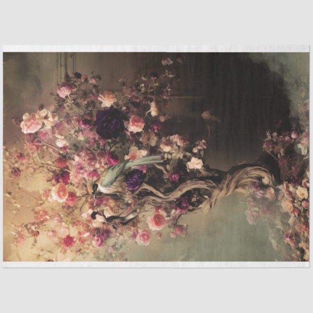 Papel De Seda Ave verde y floral vibrante, árbol etéreo (Anverso)