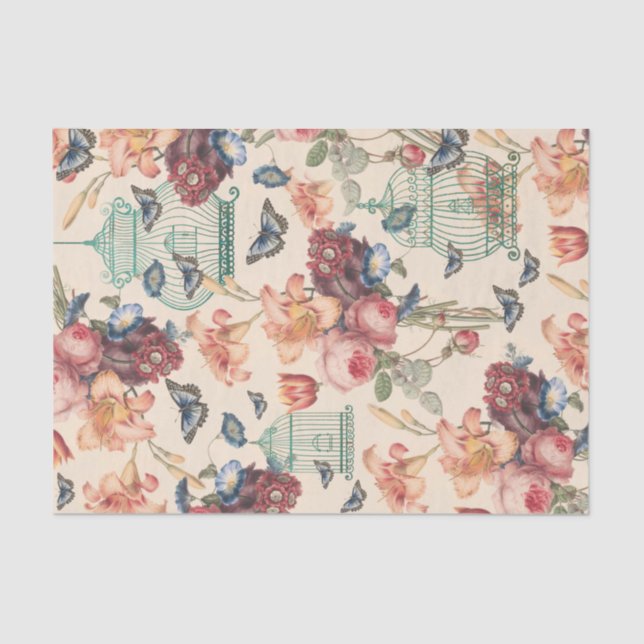 Papel De Seda Aves antiguas, mariposas y descomposición floral (Anverso)