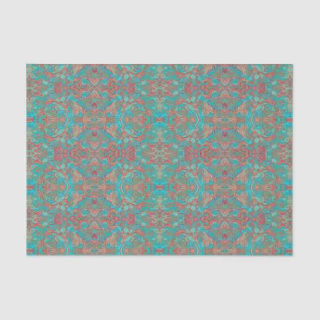 Papel De Seda Aves Arabesque Bohemian Boho Turquoise Red Green (Anverso)