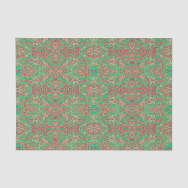 Papel De Seda Aves Arabesque Oriental Bohemian Verde Rojo (Anverso)