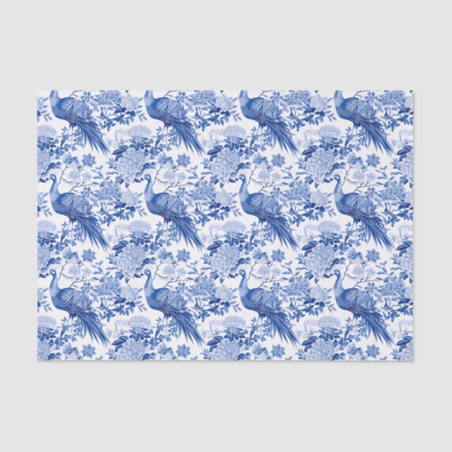 Papel De Seda Aves asiáticas con flores blancas y azules (Anverso)